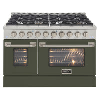 Kucht - 48 po Série KDF Cuisinière Pro Style au gaz naturel - Acier inoxydable/Vert olive-Cuisinez et pâtissez comme un professionnel grâce à deux fours séparés avec grandes fenêtres de four : le four principal en porcelaine bleue robuste offre 4,2 pi³ de capacité, tandis que le four latéral additionnel dispose de 2,5 pi³