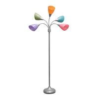 Simple Designs - Lampe de sol argentée à col de cygne réglable, 5 lampes, abat-jour multicolore fantaisie-Base en métal argenté