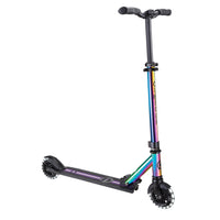 Globber - Trottinette Flow Elements avec Lumières – Neochrome-Scooter à 2 roues pour enfants et adolescents à partir de 5 ans, avec un système de pliage breveté facile, rapide et sécurisé : il suffit de soulever le bouton vers le haut pour mettre le scooter lumineux en mode auto-stable ou plié