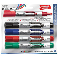 BIC - Marqueur effaçable à sec Intensity Advanced − Avec réservoir − Pointe biseautée − Couleurs variées − Paquet de 4-Offre une écriture épaisse à odeur discrete