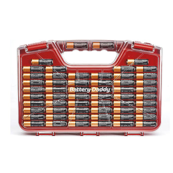 Casmilee Organisateur De Piles XXL + Testeur | Mallette Rigide 162 Emplacements AA AAA 9V CR2032 18650 Etc. | Rangement Batteries Avec Poche Filet - Rouge