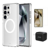 AXS - Ensemble de départ - étui Ultra Clear transparent testé contre les chutes, protecteur d’écran et chargeur 30w pour Samsung Galaxy S25 Ultra-Étui résistant aux chutes avec des poches d’air absorbant les chocs