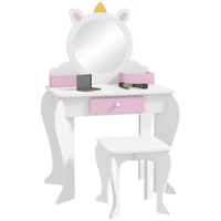 Qaba - Coiffeuse enfant avec miroir et tabouret - Motif licorne - Blanc-Colour: White and pink 