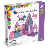 Magna-Tiles - Ensemble de construction magnétique Castle de 25 pièces-Ce Qui Est Inclus: 25 pièces magnétiques, dont 1 pont-levis, 1 dragon, 1 personnage royal, 1 escalier en colimaçon, 1 balcon, 2 fenêtres, 2 triangles équilatéraux, 2 quarts de cercle, 4 triangles isocèles (2 pailletés, 2 standard) et 10 carrés (4 pailletés, 6 standard). 