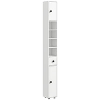 Kleankin - Armoire de rangement de salle de bain avec étagères et porte-papier toilette - blanc brillant-Quatre étagères ouvertes et deux armoires à deux niveaux organisent soigneusement vos serviettes, linge et autres essentiels de salle de bain 