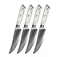 Minimal - Ensemble de couteaux à steak Damascus White Stone de 4 pièces, service pour 4 personnes-Acier Damas forgé 67 couches avec noyau en acier VG10