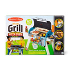 Melissa & Doug - Ensemble de jeu de luxe avec gril et four à pizza-Le gril comprend une minuterie intégrée, des cadrans pour élever et abaisser les « flammes », un fumoir avec cheminée pour les copeaux de bois de jeu, un support à ustensiles mobile, un brûleur latéral, une étagère de rangement, un couvercle avec charnière de sécurité. thermomètre amovible pouvant s'enfoncer dans les trous des aliments en bois pour tester s'ils sont « cuits »