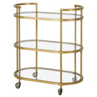 Hudson&Canal - Chariot de bar ovale Leif 30" de largeur - Laiton-Le plateau de la table et les étagères sont en verre trempé durable