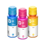 HP - Ensemble de bouteilles d'encre d'origine 31 CMY - Rendement standard - Paquet de 3-Imprimez tout ce que vous voulez sans vous soucier du coût de l’encre grâce aux bouteilles d’encre HP authentique grande capacité