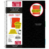 Five Star - Cahier à code de couleurs avec séparateurs – 10 1/2 po H x 8 po l – 240 pages – Noir-Feuilles à grands interlignes, doubles faces, résistantes au transfert d’encre.