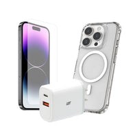 TUFF8 - iPhone 16 Pro - Bundle, Verre trempé, Chargeur PD 30W-Étui MagSafe TUFF8 : Conçu pour l'aventure, cet étui robuste offre une protection inégalée contre les chutes, les chocs et les rayures, tout en s'intégrant de manière transparente aux accessoires MagSafe pour une commodité et un style ultimes.