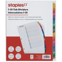 Staples - Intercalaires pré-imprimés - 1-31 - Couleur-Les intercalaires sont numérotés de 1 à 31 pour une meilleure organisation des documents
