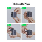 UGREEN - Chargeur Rapide 65W GaN de Voyage Mondial - 1x USB-A/2x USB-C-Idéal pour les Voyages : Les fiches interchangeables EU, US et UK rendent l'adaptateur de voyage universel très pratique et adapté aux voyages à travers le monde. Il supporte une tension universelle de 100V-240V. Ce chargeur de voyage est une excellente option si vous transportez beaucoup d'équipements ou voyagez avec des compagnons.