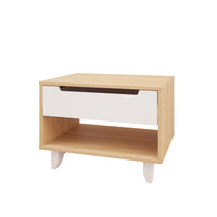 Nexera - Table de nuit Barista, 1 tiroir, Blanc et Érable naturel-1 tablette ouverte pour les objects décoratifs