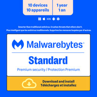 Malwarebytes Standard Premium Security Bilingue - 10 appareils - Abonnement d'un an [Téléchargement]-Une adresse e-mail valide doit être fournie lors du paiement