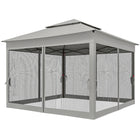 Outsunny - Tente gazébo pliante 11 pi l x 11 pi L à toit souple à 2 niveaux avec moustiquaire - Gris clair-Auvent revêtu de PA avec 8 œillets de drainage