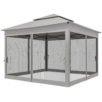 Outsunny - Tente gazébo pliante 11 pi l x 11 pi L à toit souple à 2 niveaux avec moustiquaire - Gris clair-Auvent revêtu de PA avec 8 œillets de drainage