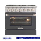 Kucht - 36 po Série KDF Cuisinière Pro Style au gaz propane - Acier inoxydable/Bleu clair-La cuisinière à gaz à 6 brûleurs comprend un brûleur double de 20 000 BTU avec mode mijotage, un brûleur de 15 000 BTU, un brûleur de 12 000 BTU, deux brûleurs de 9 000 BTU et un brûleur de 6 000 BTU