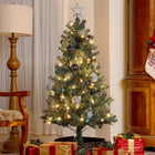 HOMCOM - Sapin de Noël artificiel pré-éclairé de 5' avec LED et décorations-Décoré d'un ruban MERRY CHRISTMAS, d'une étoile, de pommes de pin et de boules décoratives 