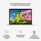 Apple - MacBook Air 13 po - M5 - 10 coeurs - 512 Go SSD - Mémoire unifiée 16 Go - Comète-Caméra Center Stage 12 MPX - Pendant vos appels vidéo, restez automatiquement au milieu de l’image avec Cadrage centré ou utilisez Vue du bureau pour partager un plan en plongée de votre espace de travail. Et profitez d’un son incroyable grâce à un réseau de trois micros et un système à quatre haut-parleurs avec Audio spatial et Dolby Atmos