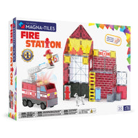 Magna-Tiles - Ensemble de construction magnétique Caserne de pompiers 50 pièces-Ce qui est inclus: 50 pièces magnétiques, dont une figurine de pompier combinable, une tuile son et lumière et une échelle de camion de pompier extensible
