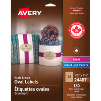 Avery - 24487 Étiquettes ovales imprimables jusqu'au bord, papier kraft, brun, 1 ½ po x 2 ½ po, paq./180-Ces étiquettes fournissent une apparence naturelle haut de gamme pour présenter votre marque, votre logo ou votre produit