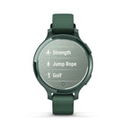 Garmin - Lily 2 Active Jasper Vert avec Bracelet en Silicone-Comprenez votre corps grâce au score de sommeil, au suivi de la respiration, à la surveillance de l'énergie Body Battery™, au suivi du cycle menstruel et de la grossesse, au suivi de l'hydratation, au suivi du stress tout au long de la journée, à l'instantané de santé et à la surveillance de la fréquence cardiaque, y compris des alertes si votre fréquence cardiaque devient élevée ou faible (données présenté est destiné à être une estimation précis
