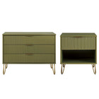 Manhattan Comfort - Dumbo table de chevet moderne 1 tiroir et commode 3 tiroirs - vert olive - ensemble de 2-Commode de chambre moderne-contemporaine avec une touche de glamour Ensemble comprenant 1 commode standard et 1 table de nuit 1.0