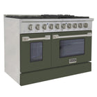 Kucht - 48 po Série KNG Cuisinière Pro Style au gaz naturel - Acier inoxydable/Vert olive-S’accordant à la puissance des cuisines professionnelles, ce modèle haut de gamme est équipé de deux fours distincts : un four à convection de 30 pouces délivrant 22 000 BTU avec un brûleur tubulaire de 10 000 BTU, et un four de 18 pouces offrant 15 000 BTU