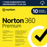 Norton - 360 Premium logiciel antivirus - 10 appareils - abonnement d'un an [téléchargement]-Une adresse e-mail valide doit être fournie lors du paiement