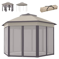 Outsunny - Tente auvent pliante 13 pi l x 13 pi L pour l pi Lextérieur - Café et beige-Le toit hexagonal du gazebo avec 6 parois latérales en maille constitue un ajout fantastique à votre terrasse, balcon ou jardin