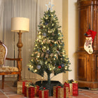 HOMCOM - Sapin de Noël artificiel pré-éclairé de 6' avec LED et décorations-Décoré d'un ruban MERRY CHRISTMAS, d'une étoile, de pommes de pin et de boules décoratives 