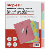 Staples - Intercalaires effaçables à sec - 5 onglets - Couleurs-ensembles de séparateurs en polyéthylène aux couleurs vives