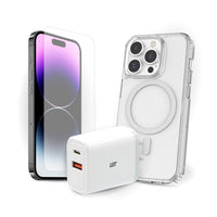 TUFF8 - Clear Mag Case, verre trempé, ensemble chargeur PD 30 W - iPhone 15 Pro-Étui TUFF8 MagSafe : Conçu pour l'aventure, cet étui robuste offre une protection inégalée contre les chutes, les chocs et les rayures, tout en s'intégrant parfaitement aux accessoires MagSafe pour un confort et un style ultimes.