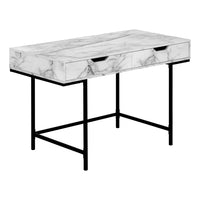 Monarch Specialties - 7558 Bureau 48 po L - Faux Marbre Blanc/Metal Noir-Bureau d'ordinateur au fini faux bois marbre blanc avec 2 tiroirs de rangement avec larges poignées découpées et glissières de tiroir en métal
