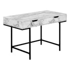 Monarch Specialties - 7558 Bureau 48 po L - Faux Marbre Blanc/Metal Noir-Bureau d'ordinateur au fini faux bois marbre blanc avec 2 tiroirs de rangement avec larges poignées découpées et glissières de tiroir en métal