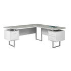 Monarch Specialties - 7307 Bureau 70 po - Blanc/Simili-Ciment Cote Droit/Gauche-Bureau d'ordinateur à panneaux épais en forme de L avec 3 tiroirs de rangement et 3 pieds en métal au fini argenté