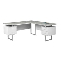 Monarch Specialties - 7307 Bureau 70 po - Blanc/Simili-Ciment Cote Droit/Gauche-Bureau d'ordinateur à panneaux épais en forme de L avec 3 tiroirs de rangement et 3 pieds en métal au fini argenté
