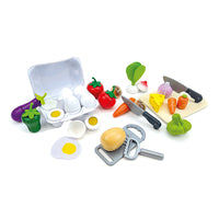 Beleduc - Coffret de jeu XL Essentials de cuisine avec légumes - Ensemble de 25-Les légumes sont maintenus ensemble par des attaches auto-agrippantes ou des aimants pour la découpe