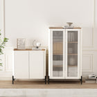 Manhattan Comfort - Ensemble de 2 meubles modernes Abbey : armoire d’appoint et bibliothèque - érable et blanc cassé-Meuble d’appoint avec 2 portes à fermeture douce et 2 espaces de rangement à étagères réglables Meuble décoratif avec 2 portes vitrées nervurées en verre trempé à fermeture douce et 4 espaces de rangement à étagères réglables