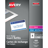 Avery White Laser/Inkjet Name Tag Insert Refill Cards, 3-1/2" x 2-1/4", 400 Pack (05390)-Name badge refill