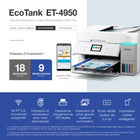 Epson - Imprimante multifonction couleur sans fil EcoTank ET-4950 à réservoirs d’encre géants – Blanc-Fonctionnalités de productivité avancées: vitesses d’impression rapides de 18 ppm ISO en noir et 9 ppm ISO en couleurs avec un temps de préchauffage nul. chargeur automatique de documents. fonction de télécopie. bac d’alimentation papier grande capacité de 250 feuilles. impression, copie et numérisation recto verso automatiques; écran couleur de 6,1 cm (2,4 po) pour faciliter la navigation dans les menus