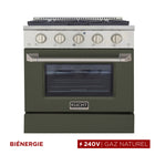 Kucht - 30 po Série KDF Cuisinière Pro Style au gaz naturel - Acier inoxydable/Vert olive-Éléments de cuisson doubles offrant une performance puissante : 3 000 watts (base) et 850 watts (haut), avec un gril de 3 500 watts pour une chaleur intense