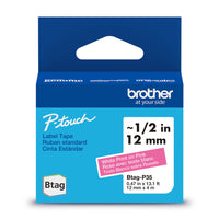 Brother - BTAGP35 Ruban non laminé rose avec texte blanc authentique pour étiqueteuse P-touch, 12 mm (L) x 4 m (l)-Faites confiance à Brother pour tous vos projets.Pour tous vos besoins en matière d’étiquetage, faites confiance à Brother, la marque d’étiqueteuses la plus fiable au Canada.