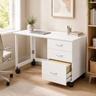 HOMCOM - Bureau d’ordinateur pliable mobile avec 3 tiroirs et roulettes - grain de bois blanc-Pour les alternatives au bureau d’ordinateur, trois tiroirs gardent les fournitures et dossiers organisés