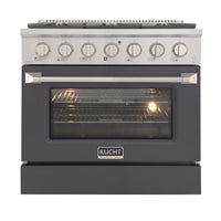 Kucht - 36 po Série KNG Cuisinière Pro Style au gaz propane - Acier inoxydable/Gris ciment-Cuisez et pâtissez comme un pro grâce au four à convection extra-grand offrant une capacité de 4,2 pi³, une configuration à cinq grilles et une vaste fenêtre d’observation