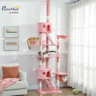 PawHut - Arbre à chat du sol au plafond 94 po-102 po H, avec poteaux à griffer, hamac - rose-Comprend 2 condos, 1 tunnel et 2 paniers pour dormir et jouer 
