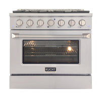 Kucht - 36 po Série KNG Cuisinière Pro Style au gaz propane - Acier inoxydable-Cuisez et pâtissez comme un pro grâce au four à convection extra-grand offrant une capacité de 4,2 pi³, une configuration à cinq grilles et une vaste fenêtre d’observation
