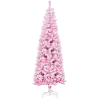 HOMCOM - Snow Flocked Pencil Artificial Christmas Tree with Steel Base Pink-6 ft de haut, luxuriant avec une forme de pin qui donne un aspect sain et naturel 