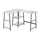 Monarch Specialties - 7595 Bureau 48 po L - Dessus Marbre Blanc De Coin/Metal Noir-Bureau d'ordinateur de style industriel avec 2 étagères fixes et ouvertes supporté par une base de style chevalet en métal noir